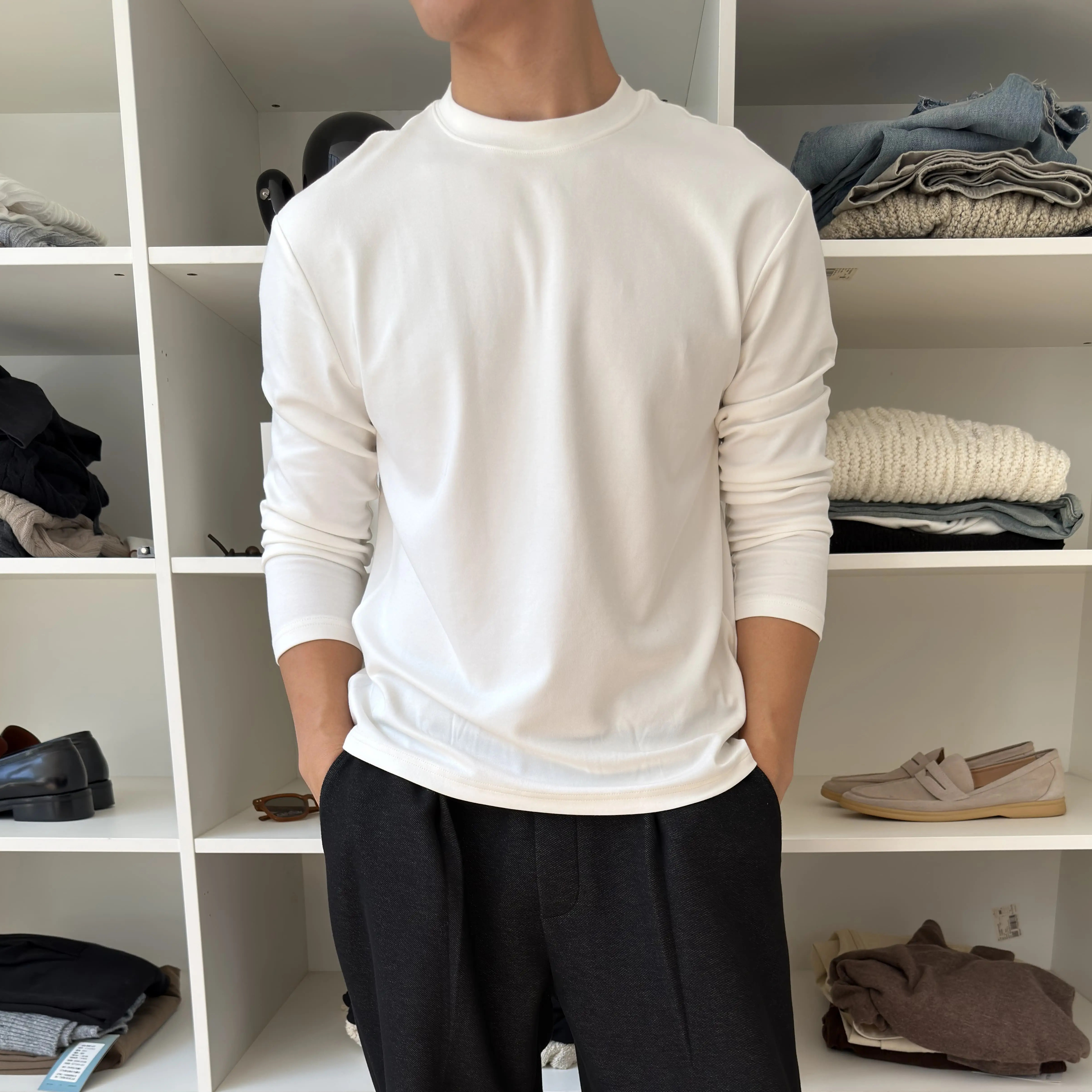 ZHUOLINZHANG极简风圆领长袖T恤男士宽松休闲打底衫白色百搭上衣