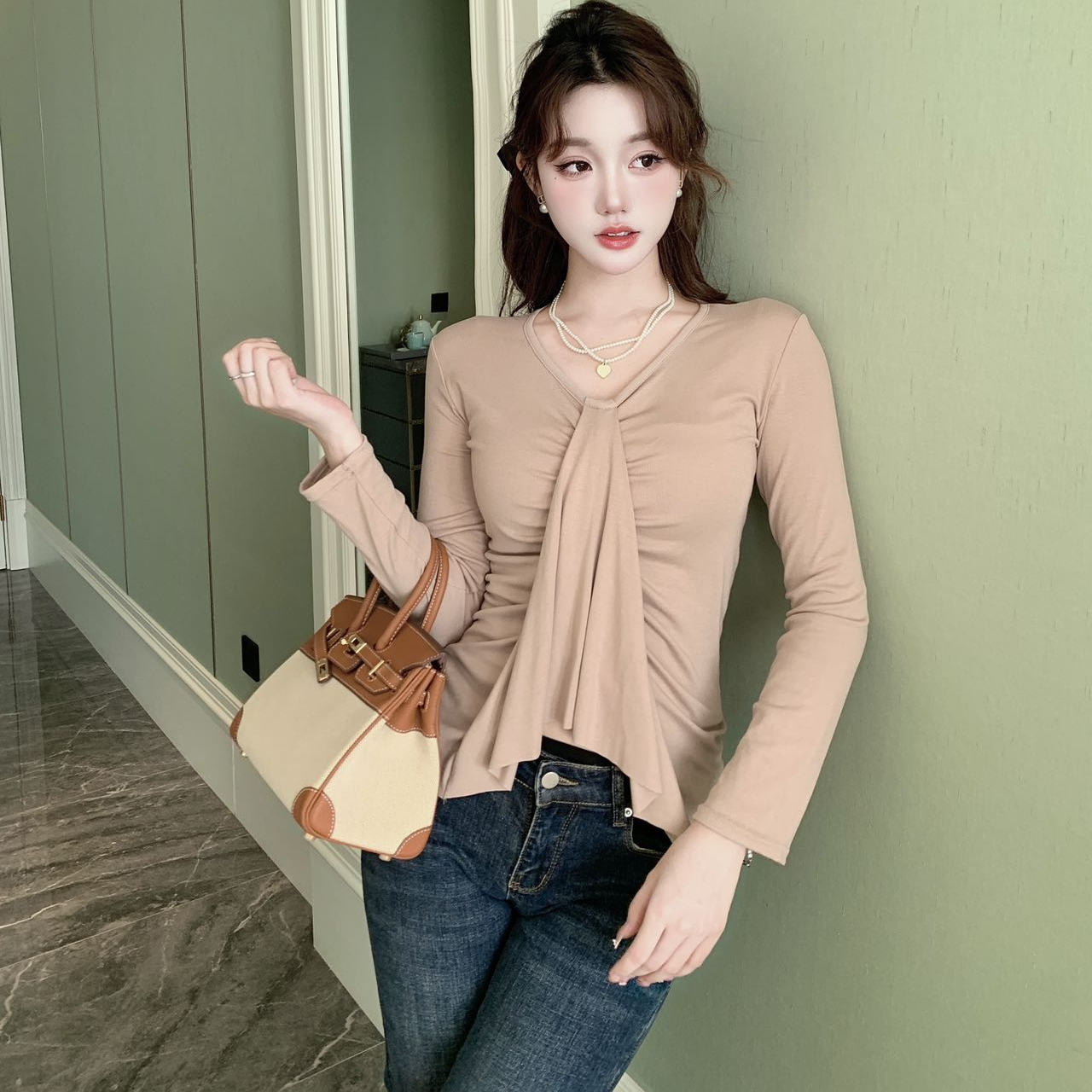 飘带长袖t恤显身材打底衫内搭女