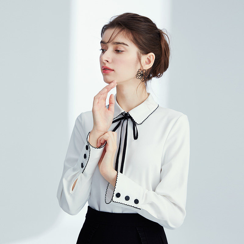 思珍 小清新蝴蝶结chic上衣港味长袖白色衬衫女韩范日系慵懒衬衣