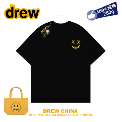 drew笑脸潮牌简约邪恶笑脸短袖t恤男女宽松纯棉学生休闲情侣装ins