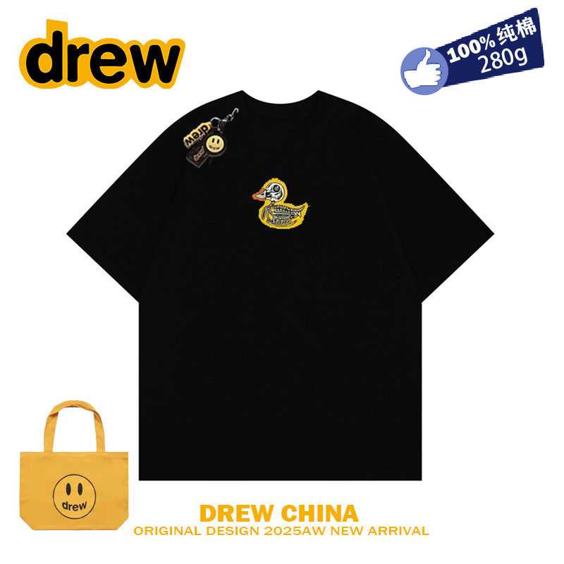 drew笑脸潮牌卡通小黄鸭短袖t恤男女宽松纯棉学生休闲情侣装ins