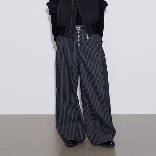 SoleMass STRIPES WORK PANTS 条纹牛仔裤 宽松挺廓 排扣工装长裤