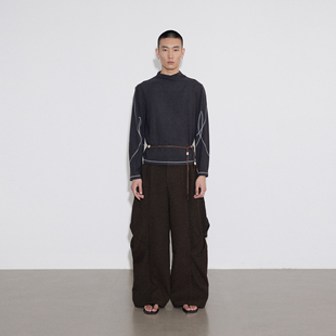 针织上衣 SoleMass 斜领明线针织长袖 collar 褶皱领口 Slanted