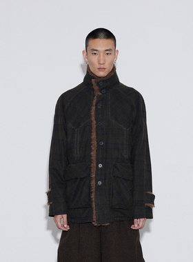 SoleMass 复古格纹毛领工装外套 立领保暖裁剪毛绒棉服上衣男女冬