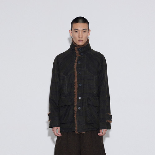 SoleMass 复古格纹毛领工装外套 立领保暖裁剪毛绒棉服上衣男女冬