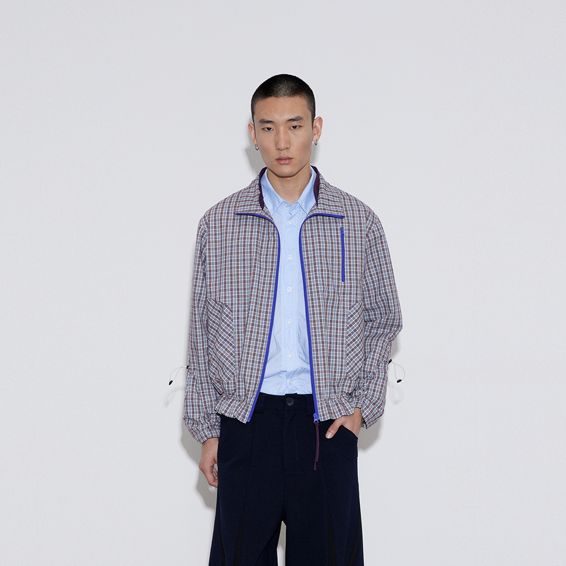 SoleMass Plaid Jacket 立领斜插裁剪格子夹克 抽绳褶皱长袖外套