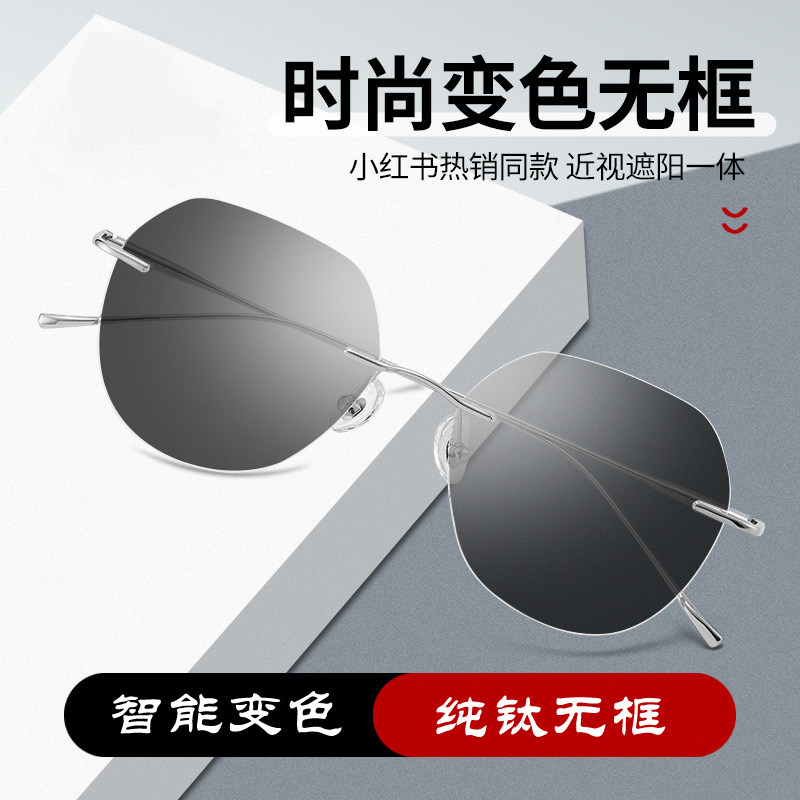男纯钛变色灰色近视眼镜变色蓝色