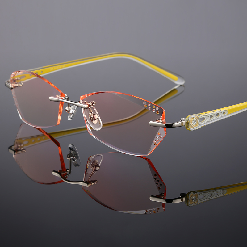 配韩国纯钛钻石切边近视眼镜框成品女水晶无框眼镜架防蓝光防辐射