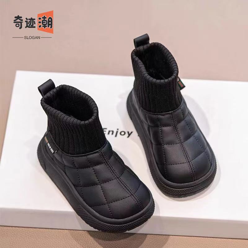 男童雪地靴2025冬季新款女童鞋子加绒保暖软底一脚蹬棉靴防滑短靴