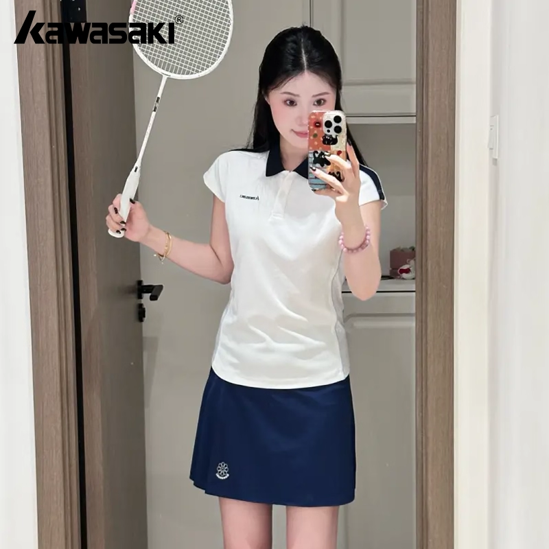 Kawasaki川崎新款羽毛球服女运动polo衫休闲小飞袖T恤花花裙2041