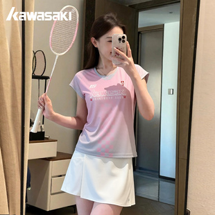 kawasaki川崎粉色羽毛球服套装女速干透气运动短袖上衣赛车风速吸