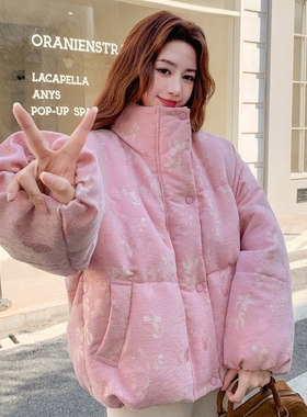 Mistletoe新款90绒！粉色印花显白立领短款羽绒服加厚短外套