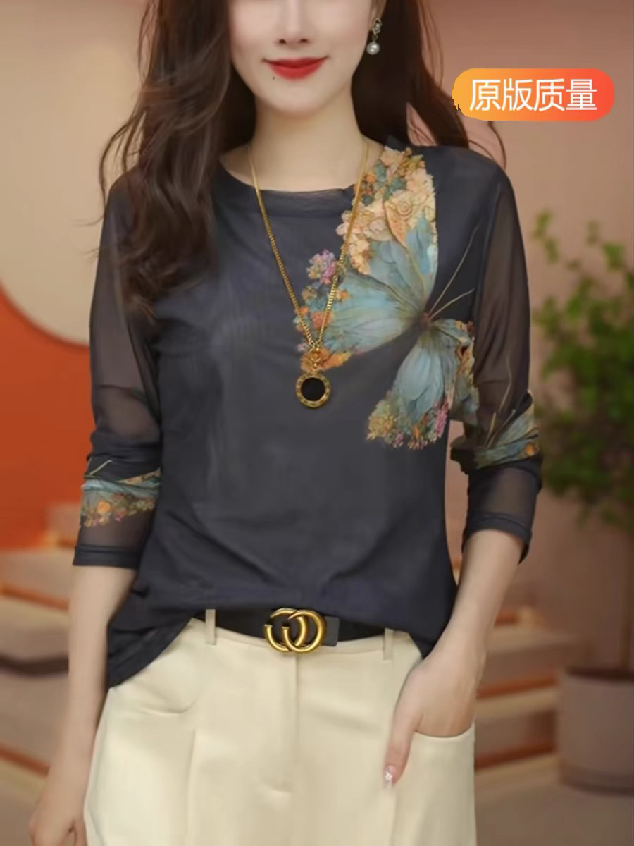 欧货网纱打底小衫高级感女长袖t恤春秋新款洋气印花肌肤双层上衣