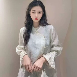 新中式春款显瘦衬衫人丝浮光锦女复古花边提花气质衬衣书卷一梦