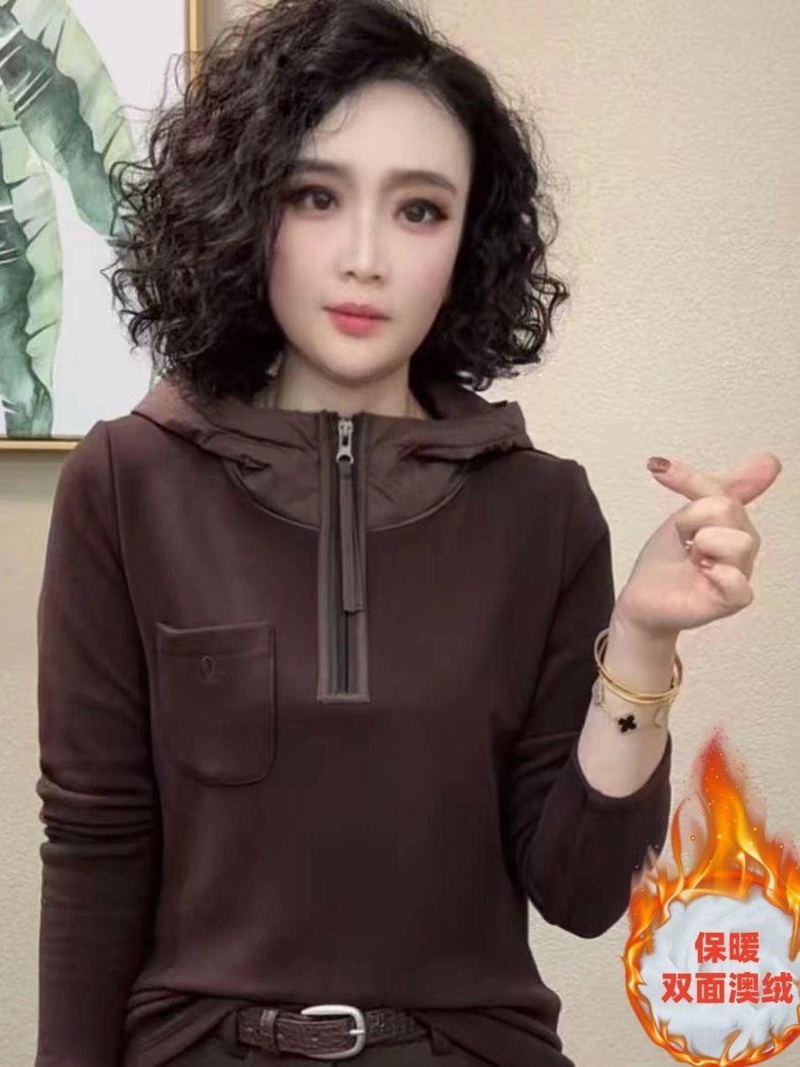 德绒时尚洋气连帽拉链套头长袖上衣女秋冬新款百搭卫衣内搭显瘦