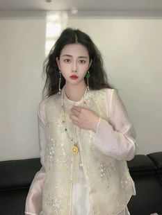 复古圆领网纱显瘦上衣国风马夹开衫 马甲女C时尚 金线钩花薄款 新款