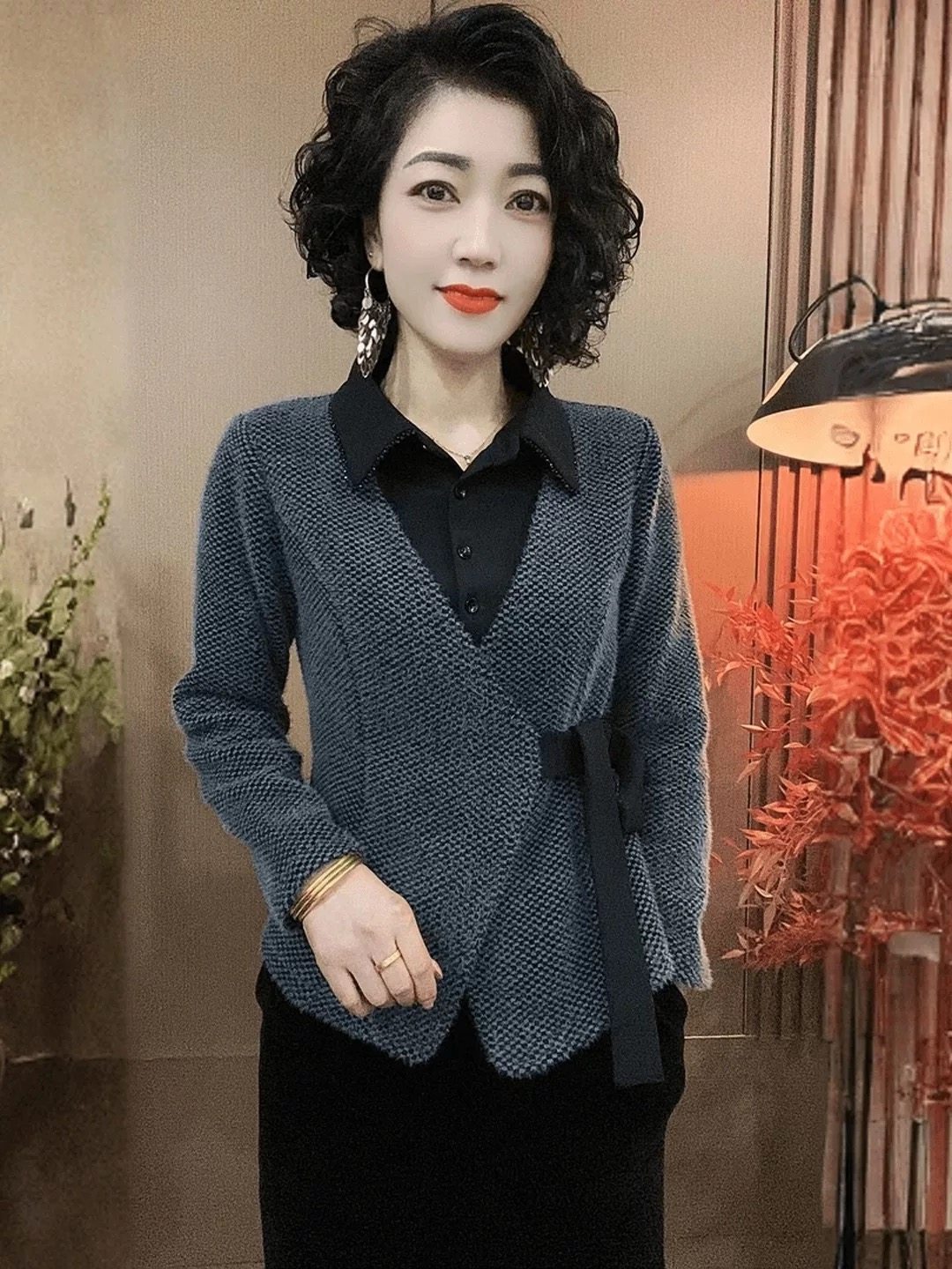 气质新款假两件翻领开衫C中年妈妈装收腰显瘦洋气拼接长袖上衣女,女装/女士精品,T恤,淘宝优惠券,粉丝福利购,淘宝优惠卷