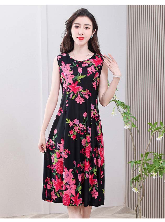 中老年女夏季阔太太冰丝连衣裙女