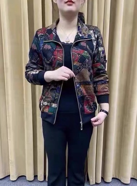 2023春装新款中老年女装加厚夹克妈妈装休闲印花外套大码棒球衫女
