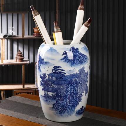 景德镇陶瓷书画缸落地大号花瓶卷轴缸书房客厅字画桶收纳插花摆件