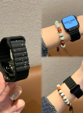 适用于iWatch9苹果S8手表带765代SE彩点磁吸硅胶表带通用透气运动