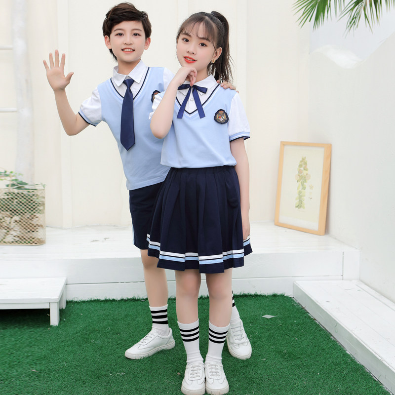 新款英伦风校服夏季短袖套装幼儿园园服毕业照一年级纯棉班服寸衫
