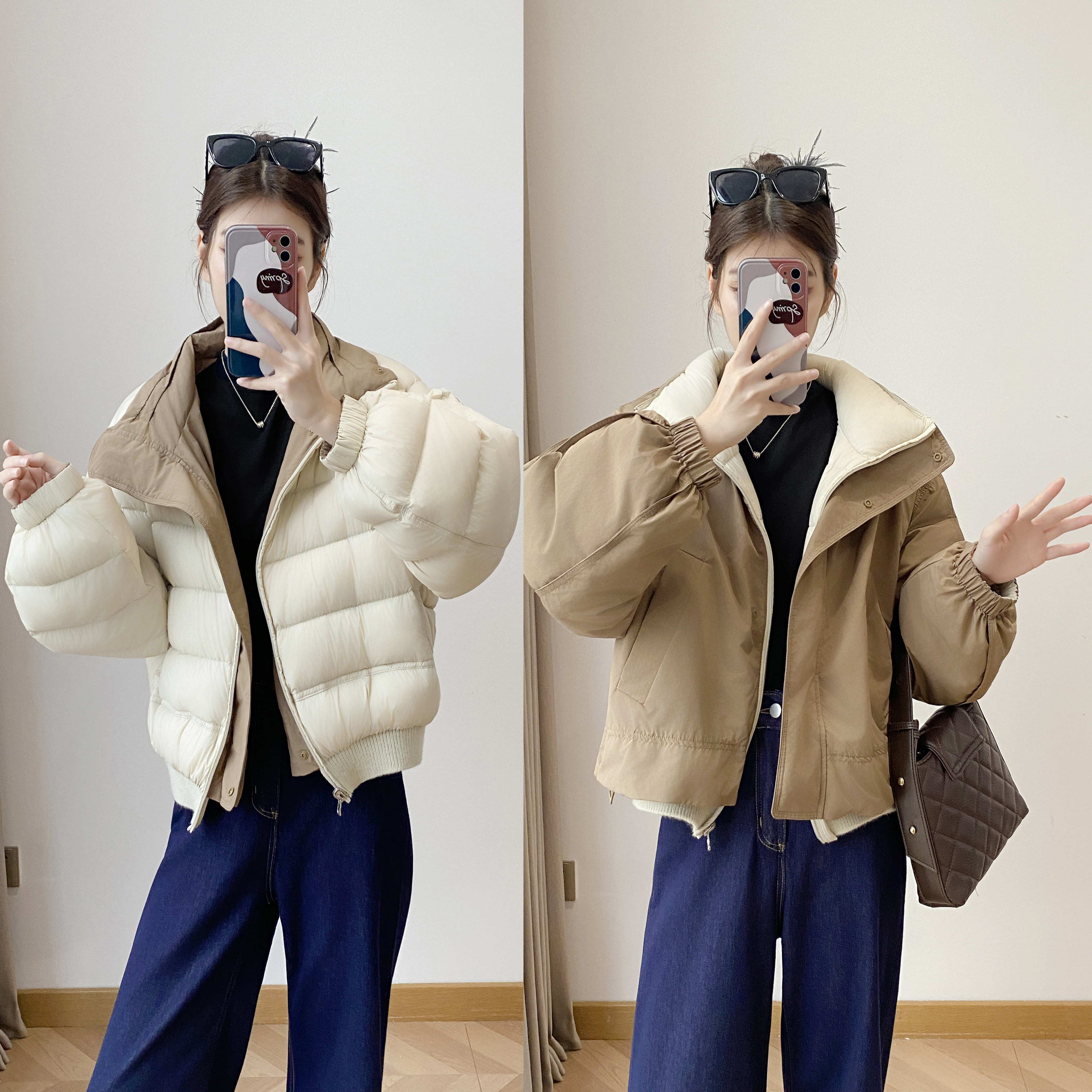 设计感两面穿羽绒服女短款面包服加厚宽松撞色泡芙小个子冬外套