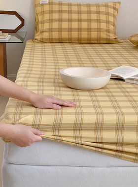 黄色中格水洗棉床笠单件全棉床垫罩纯棉床垫套防尘保护套双人1.8m
