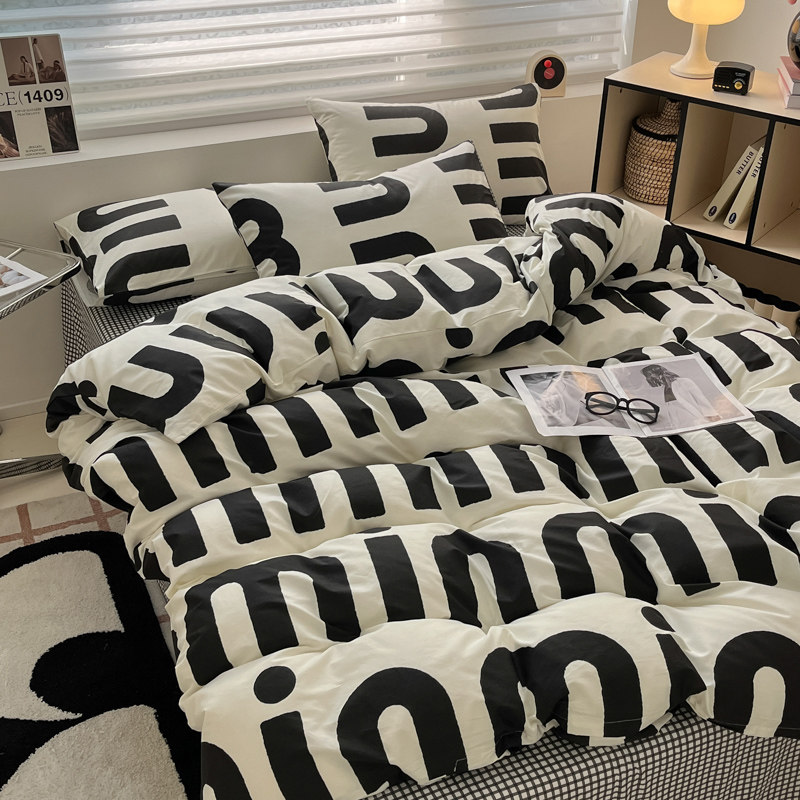 新款高级床上四件套纯棉全棉男生单人被套床笠黑白三件套床品4