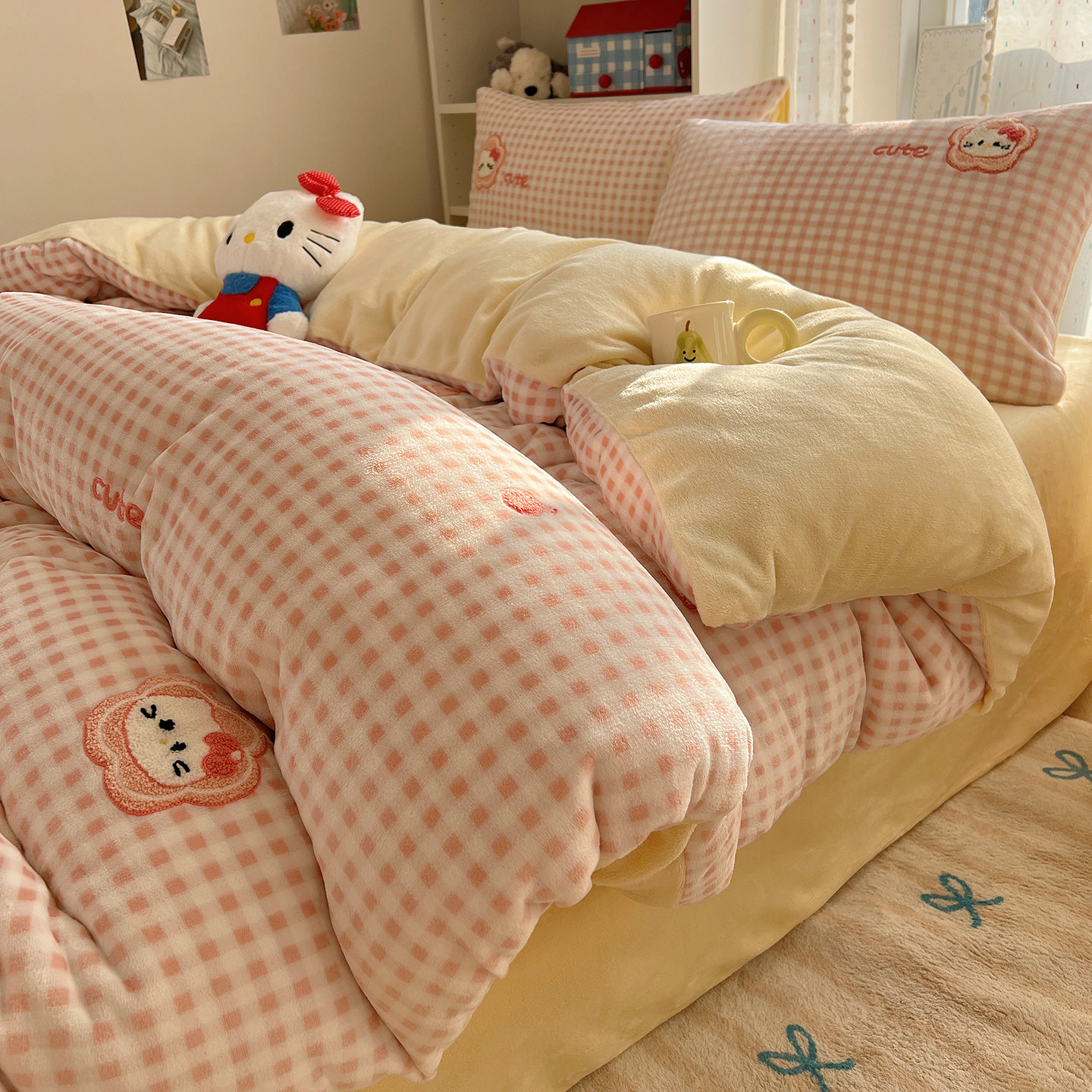 a类床上牛奶绒四件套珊瑚床单加绒被套冬季双面毛绒面宿舍三件套4