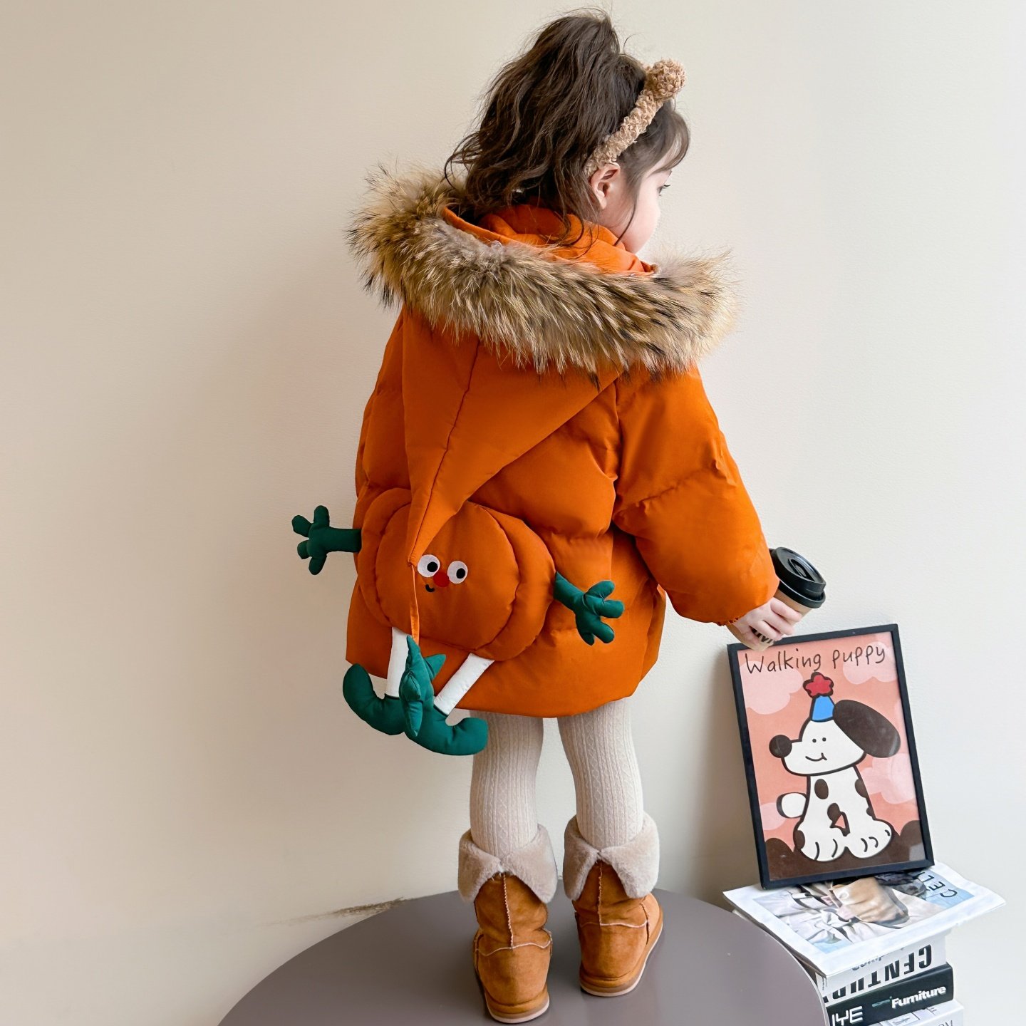 女童卡通南瓜连帽毛领棉衣冬季加厚保暖宝宝棉服外套可爱橘色棉袄