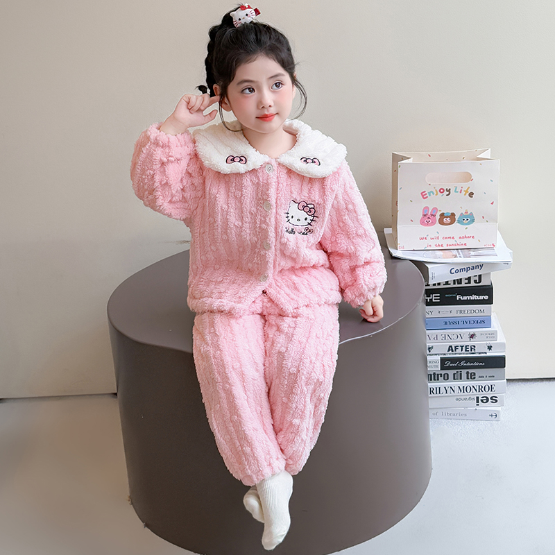女童冬季法兰绒睡衣宝宝秋冬款家居服加绒加厚珊瑚绒儿童可爱套装