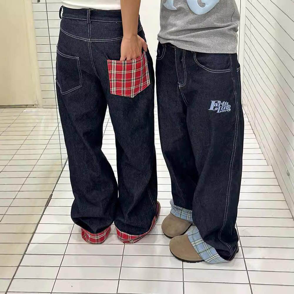 美式格子拼接卷边牛仔裤男秋季新款阔腿直筒宽松高级感情侣长裤子
