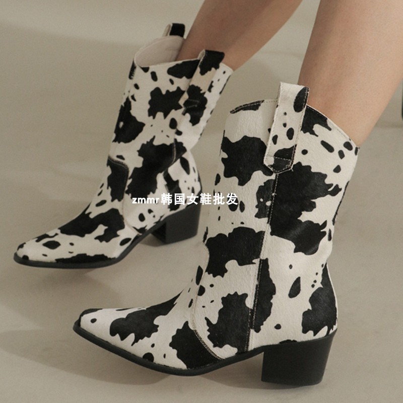 韩国复古风真皮马毛奶牛纹西部靴