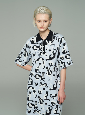 原创设计Lou de Nannan学院天蓝猫咪提花真丝羊毛复古POLO连衣裙