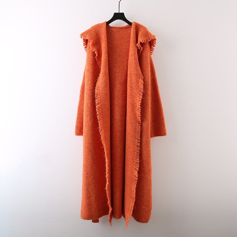 纯色连帽加长款流苏毛衣外套开衫