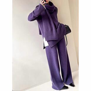 2024秋季新款韩版宽松休闲圆领上衣+高腰长裤+围巾三件套女装毛衣