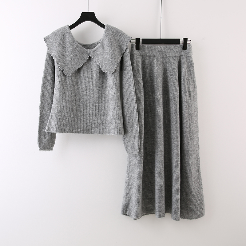 翻领针织上衣女高腰半身裙两件套
