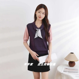 拼色丝巾通勤套头衫 2025秋圆领中袖 诗WJS6818莱赛尔女针织衫 薇季