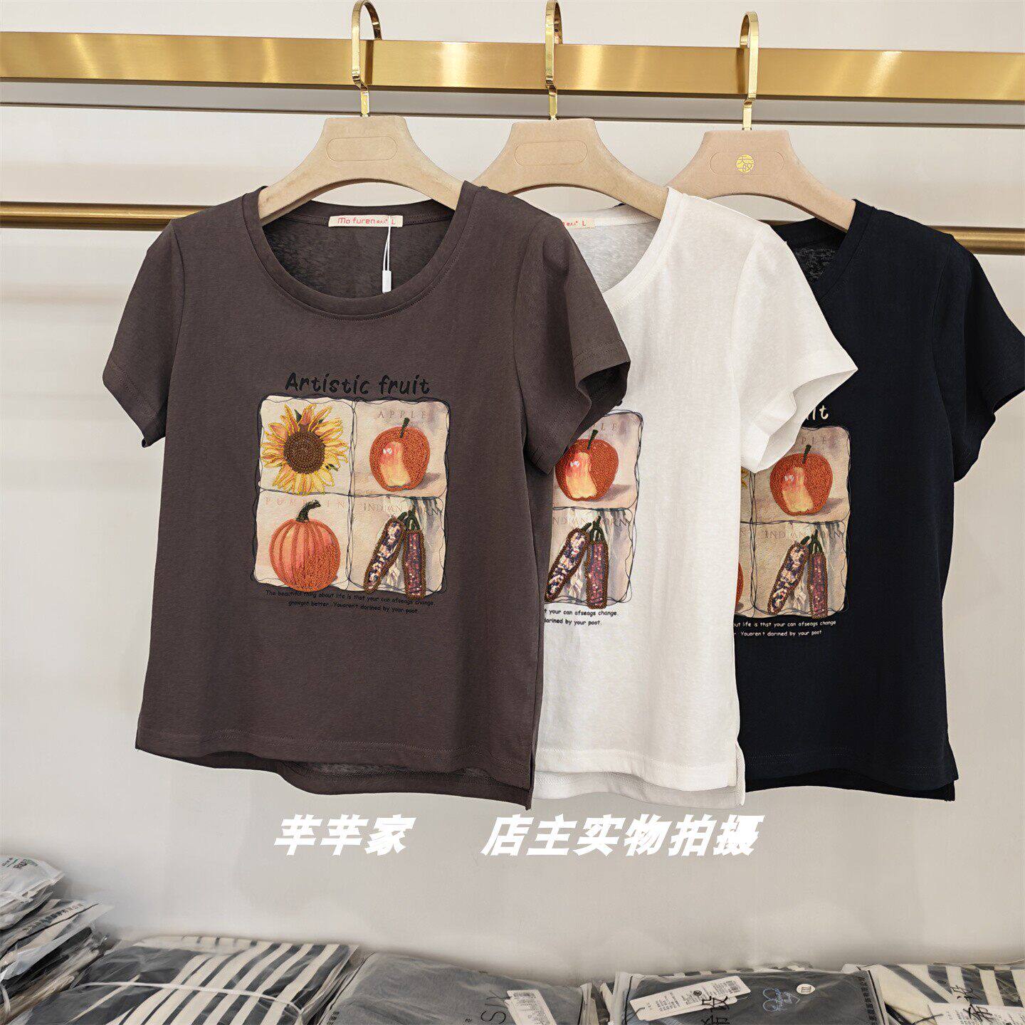 莫夫人26018短袖女棉T恤2026夏款圆领小个绣花印花百搭舒适凉爽T