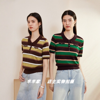 莱赛莉丝C3903莱赛尔天丝女针织衫2025夏款翻领短袖条纹舒适上衣