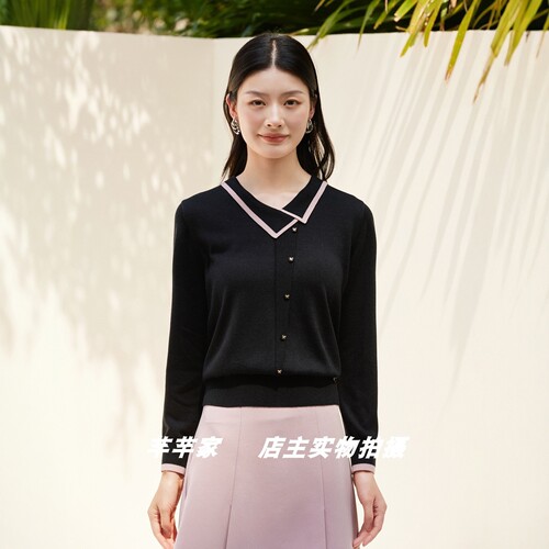 莱赛莉丝C20299莱赛尔女装针织衫2025秋斜领长袖小众通勤套头上衣