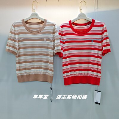 宝露希/露西凯文23141莱赛尔天丝女针织衫2025夏圆领短袖条纹上衣