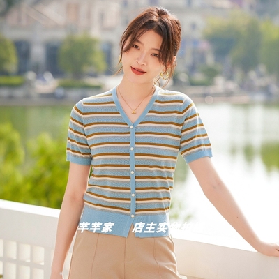 妮弗曼681505天丝莱赛尔女针织衫2025夏圆领短袖条纹镂空薄款上衣