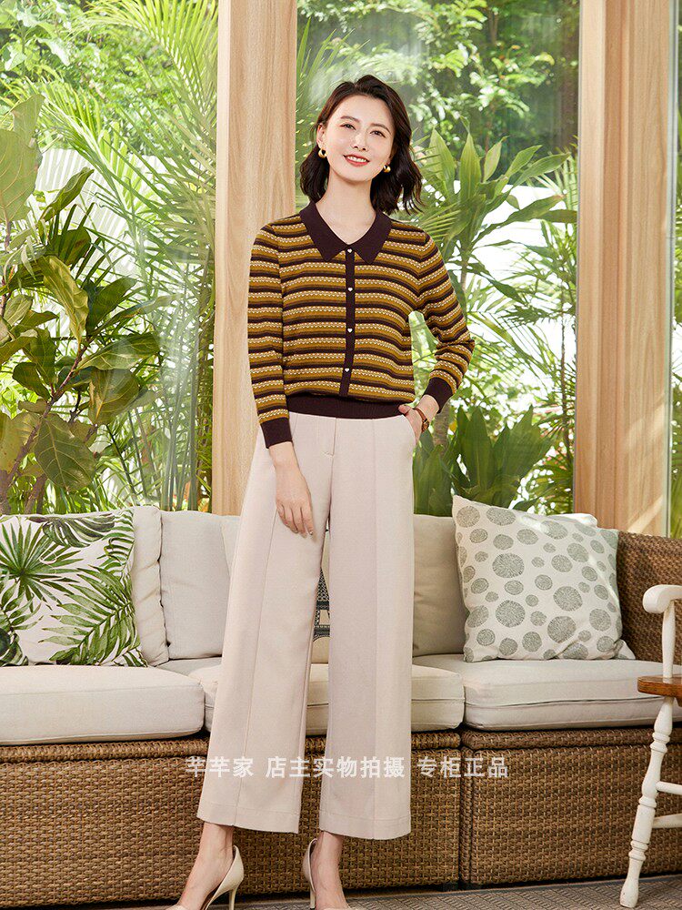 丝衣菲s93285天丝女毛衣2023秋季新品polo领长袖条纹套头针织衫衣