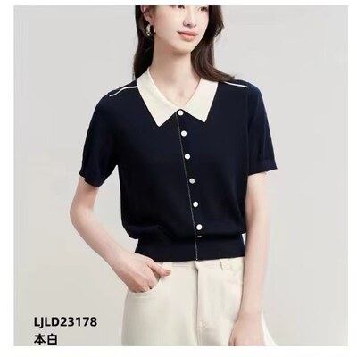 宝露希/露西凯文23178莱赛尔针织衫2025夏季翻领短袖舒适女T上衣