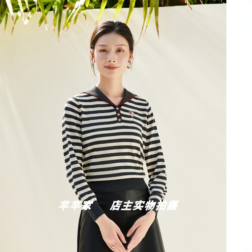 莱赛莉丝C1065莱赛尔女针织衫2025秋海军领长袖条纹绣花套头上衣
