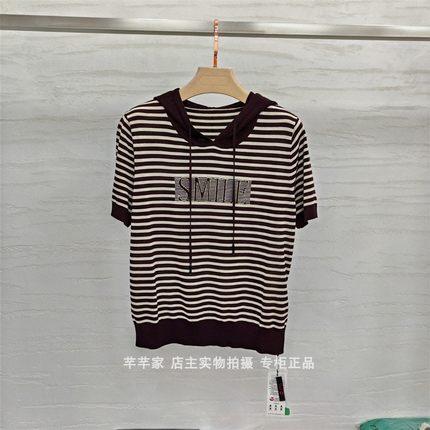 丝衣菲S661天丝针织衫2024夏季连帽领短袖条纹百搭套头女上衣薄T