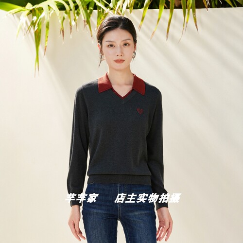 莱赛莉丝C9035莱赛尔女装针织衫2025秋翻领长袖烫钻通勤套头上衣