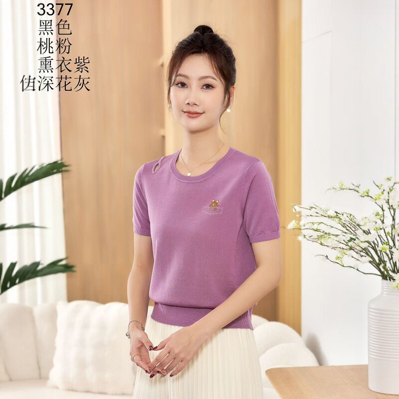 茜茜羽3377莱赛尔天丝女针织衫2025夏款圆领短袖挖空显瘦舒适上衣图片